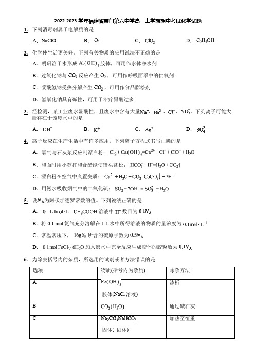 2022-2023学年福建省厦门第六中学高一上学期期中考试化学试题