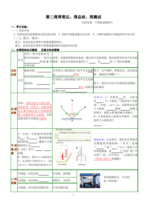 初二物理光的反射、平面镜成像周笔记  周测试