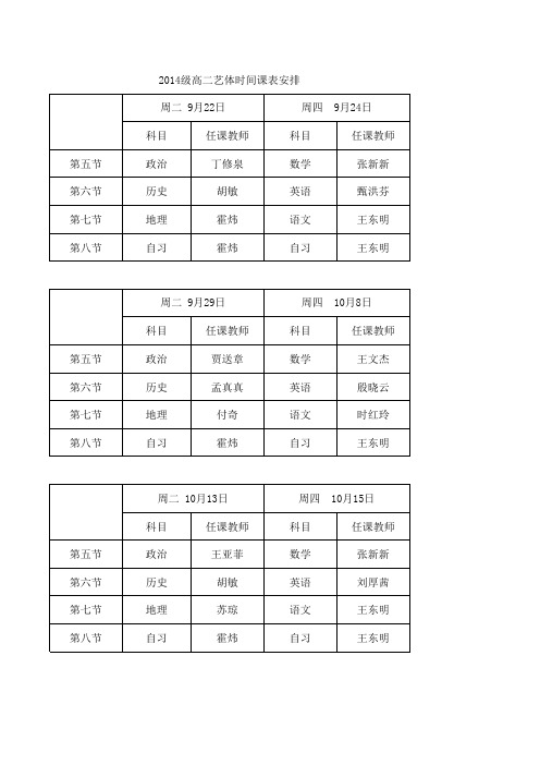 艺体班专业课时课表安排。