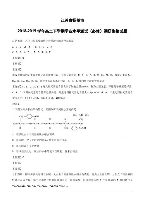 江苏省扬州市2018-2019学年高二下学期学业水平测试(必修)调研生物试题(含解析)