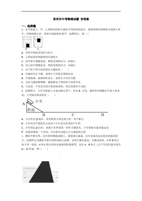 苏州市中考物理试题 含答案