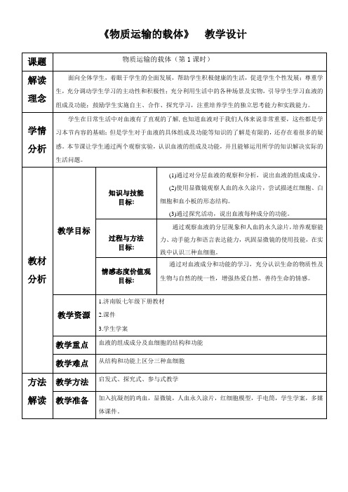 济南版七年级生物下册第三单元第三章《第一节 物质运输的载体》课程教学设计