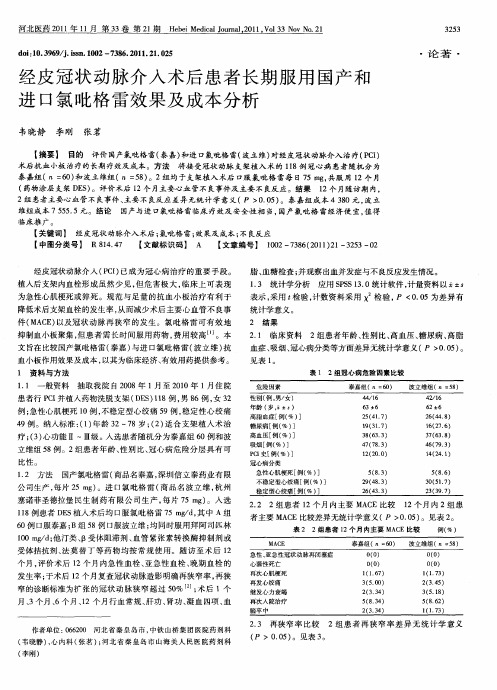 经皮冠状动脉介入术后患者长期服用国产和进口氯吡格雷效果及成本分析