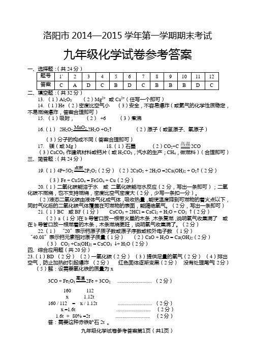 2015洛阳期末九年级化学答案