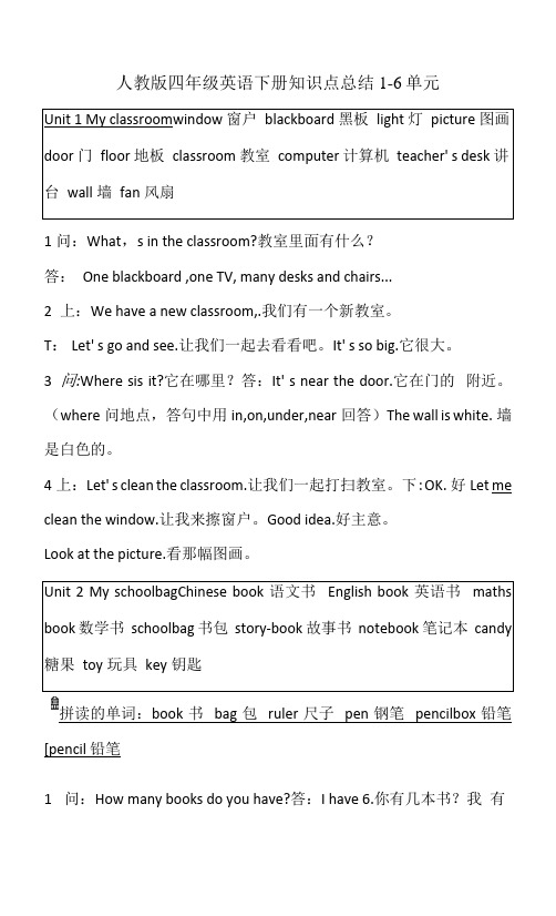 人教版四年级英语下册知识点总结1-6单元