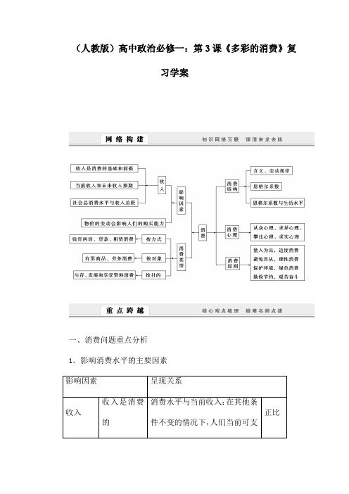 (人教版)高中政治必修一：第3课《多彩的消费》复习学案