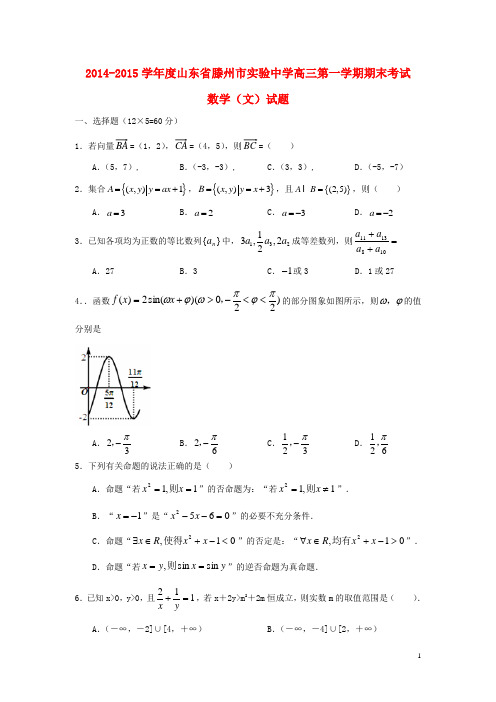 山东省滕州市实验中学高三数学上学期期末考试试题 文