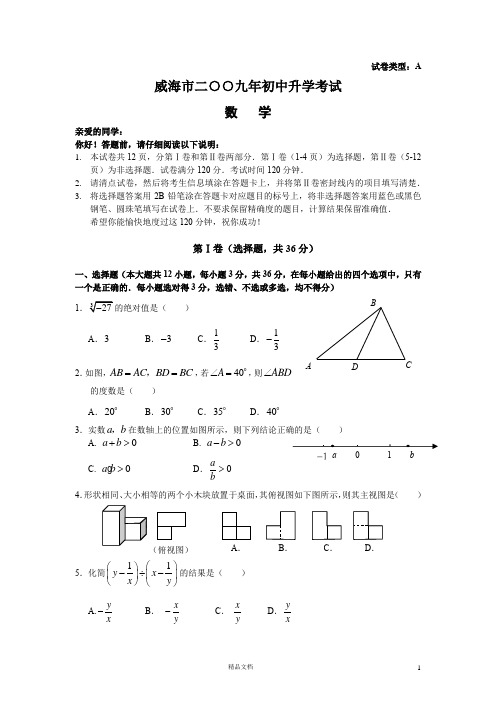 威海市【2009年】中考数学试卷及答案