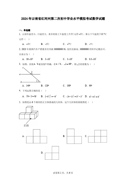 2024年云南省红河州第二次初中学业水平模拟考试数学试题