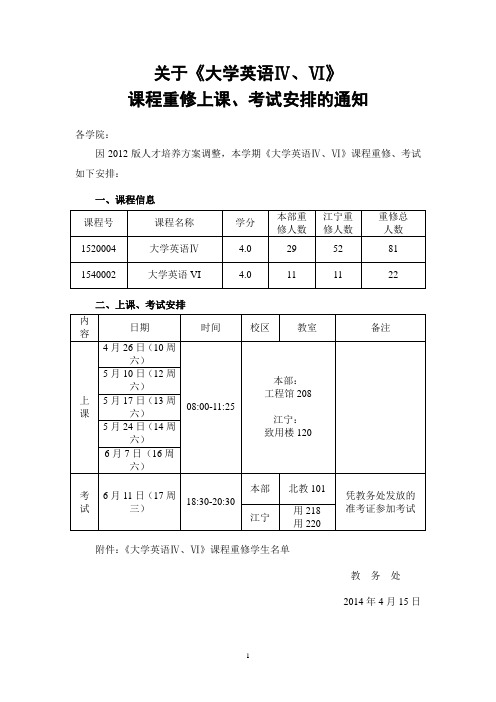 关于《大学英语Ⅳ、Ⅵ》课程重修上课、考试安排的通知-20140414