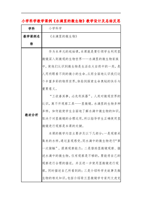 小学科学教学课例《水滴里的微生物》课程思政核心素养教学设计及总结反思