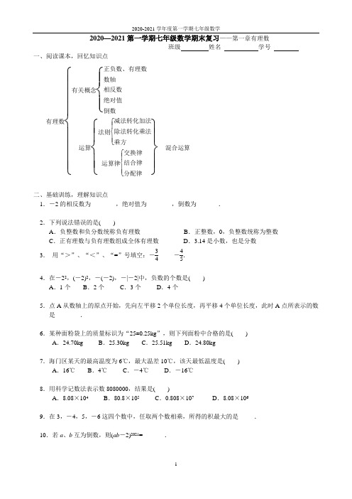 2020—2021第一学期七年级数学期末复习第一章有理数