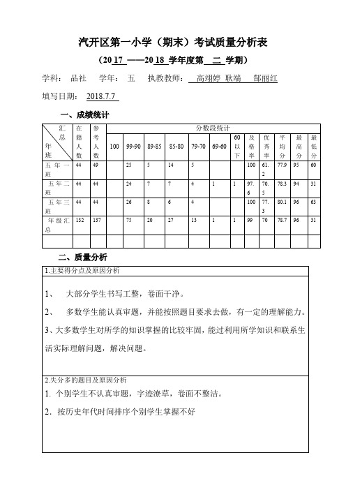 五年期末品社质量分析