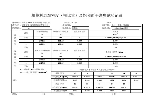 粗集料表观密度(视比重)及饱和面干密度试验记录1-3