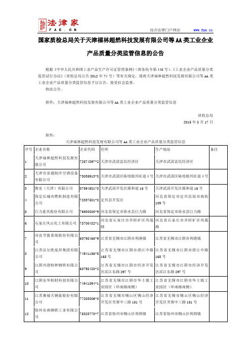 国家质检总局关于天津福林超然科技发展有限公司等AA类工业企业产品质量分类监管信息的公告-国家规范性文件