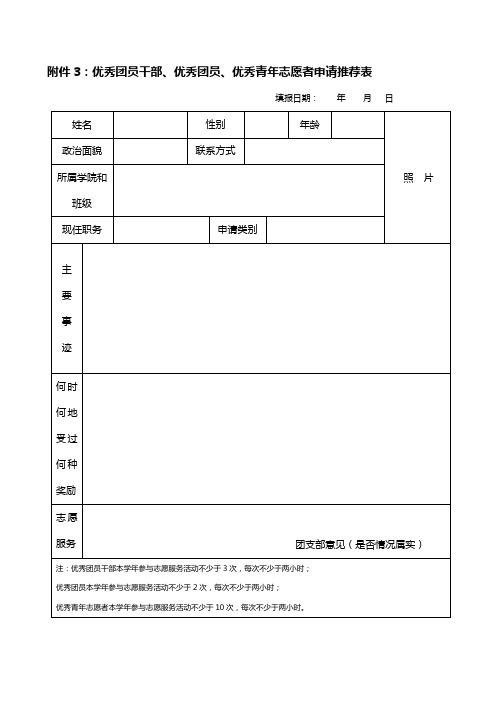 五四评优申请推荐表