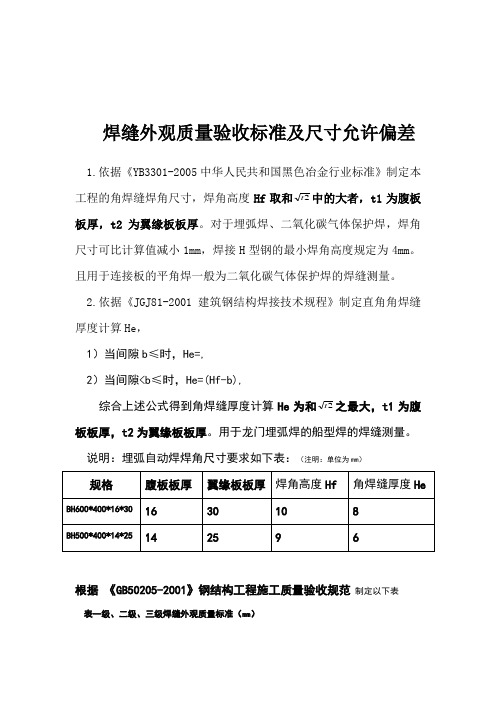 焊缝外观质量验收标准及尺寸允许偏差