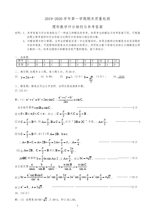 2020届广东省深圳市罗湖区高三上期末理科数学试卷参考答案及评分细则