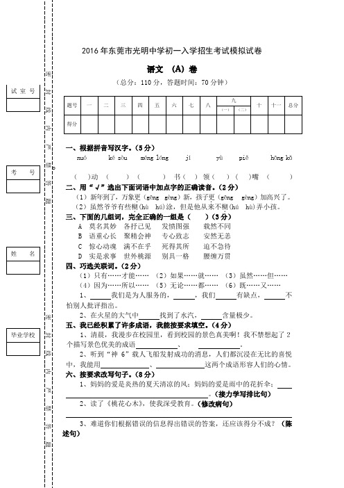 (小升初)初一入学招生语文模拟试卷新人教版