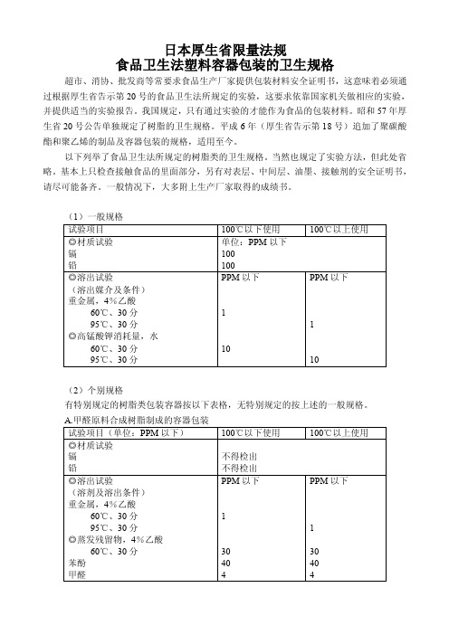 食品卫生法塑料容器包装的卫生规格（日本厚生省限量法规）