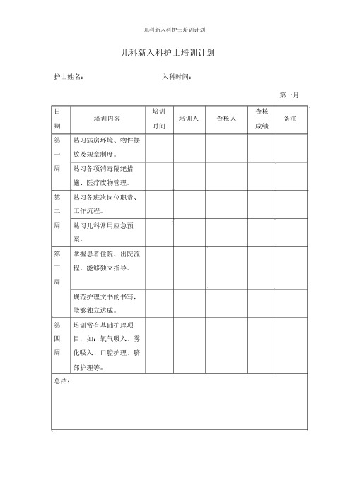 儿科新入科护士培训计划