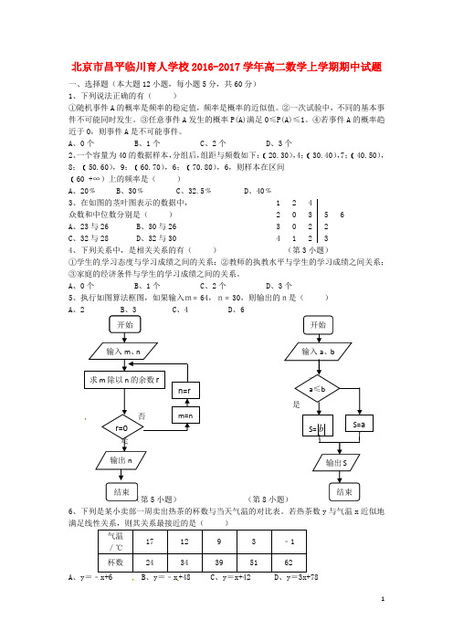 北京市昌平临川育人学校高二数学上学期期中试题