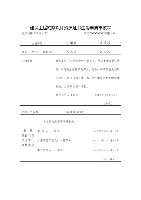 建设工程勘察设计资质证书注销申请审核表(样表) 