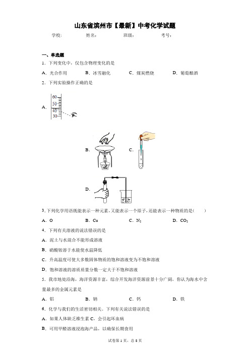 山东省滨州市2021年中考化学试题 答案和解析