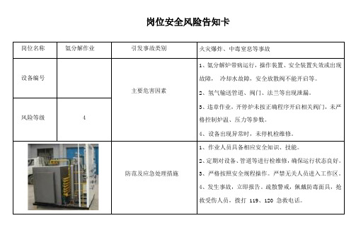 氨分解作业安全风险告知卡