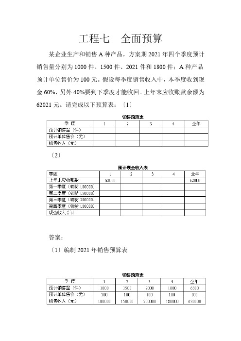 会计专业《项目七  全面预算 案例题》