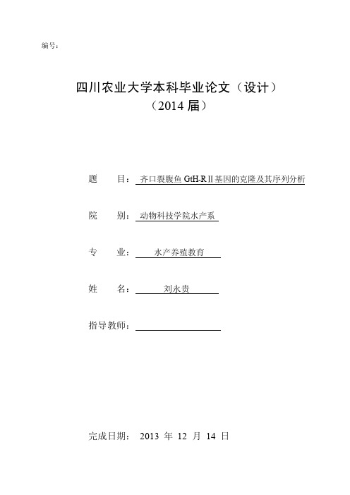 四川农业大学本科毕业论文-齐口裂腹鱼GtH-RⅡ基因的克隆及其序列分析