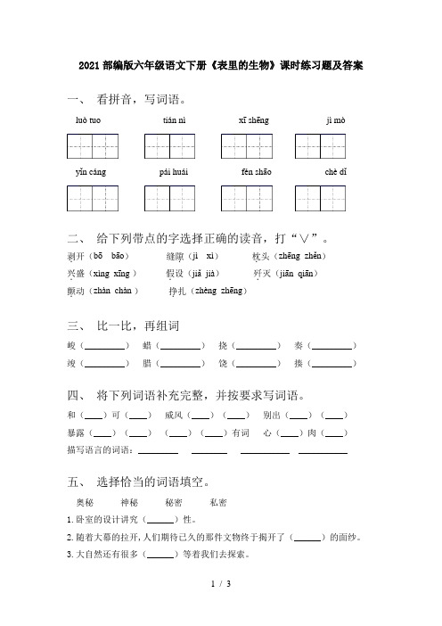 2021部编版六年级语文下册《表里的生物》课时练习题及答案