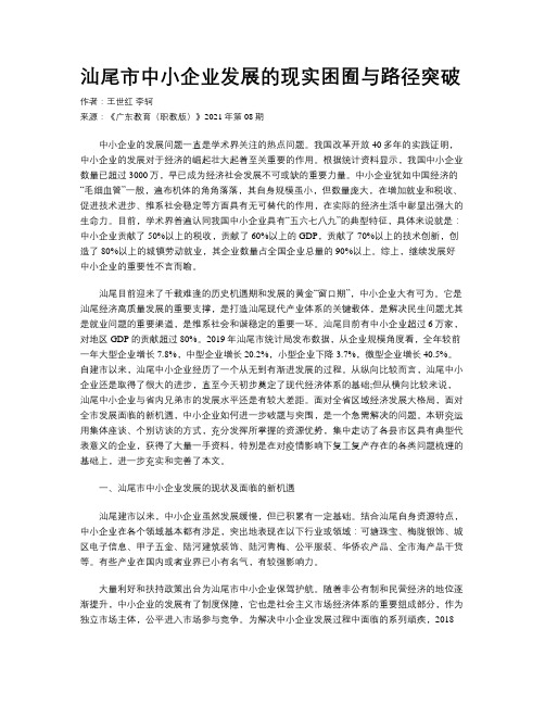 汕尾市中小企业发展的现实困囿与路径突破 