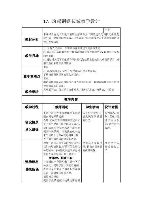 北师大新课标初中历史八年级下册《第17课 筑起钢铁长城》优质课教学设计_1