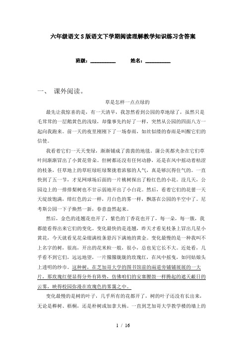 六年级语文S版语文下学期阅读理解教学知识练习含答案