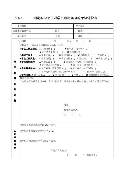 附表4：顶岗实习考核评价表