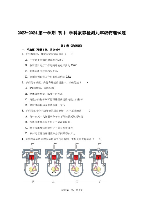 2023-2024第一学期初中学科素养检测九年级物理试题与答案