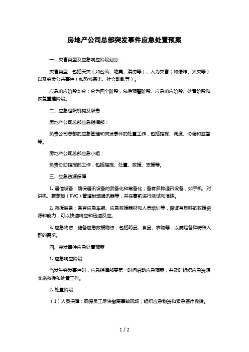 房地产公司总部突发事件应急处置预案