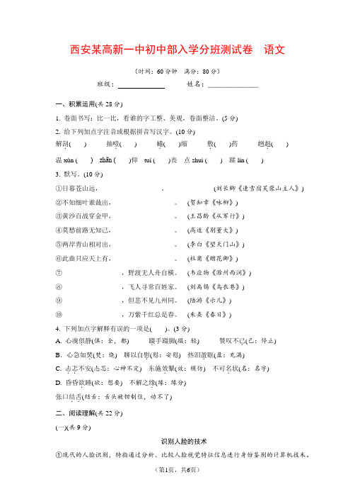 最新西安某高新一中初中部入学分班测试卷 语文(2)(含答案及解析)