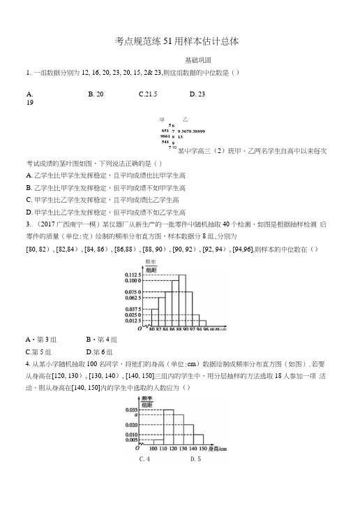 2019届高考数学一轮复习第十章算法初步、统计与统计案例考点规范练51用样本估计总.docx