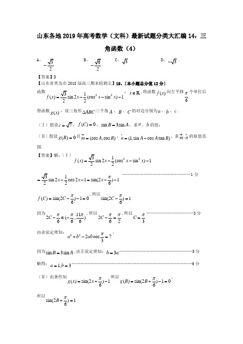 山东各地2019年高考数学(文科)最新试题分类大汇编14：三角函数(4)