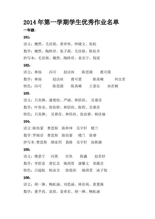 2014年第一学期学生优秀作业名单