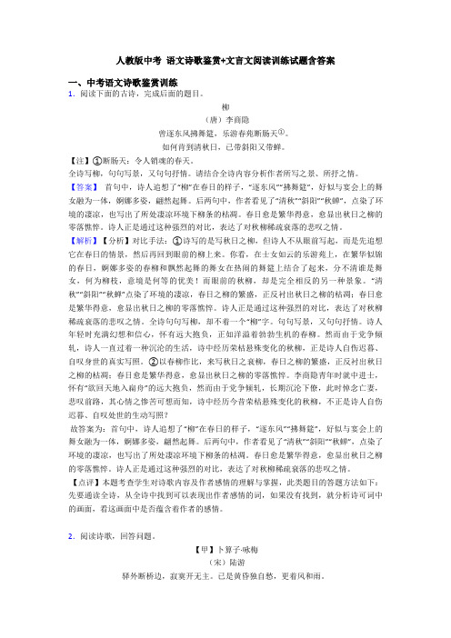 人教版中考 语文诗歌鉴赏+文言文阅读训练试题含答案