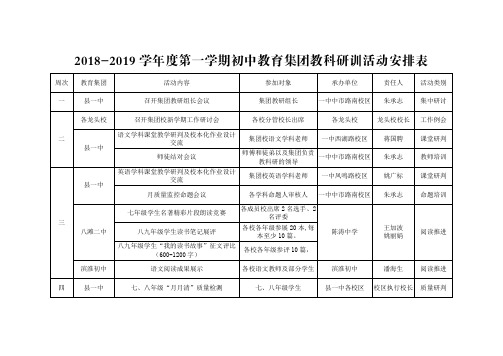 2018-2019学年度第一学期初中教育集团教科研训活动安排表