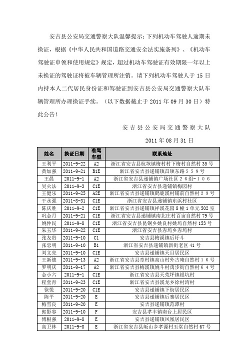 公安局交通警察大队温馨提示：下列机动车驾驶人逾期未换