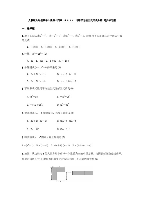 人教版八年级数学上册第十四章 14.3.2.1运用平方差公式因式分解 同步练习题( 教师版)