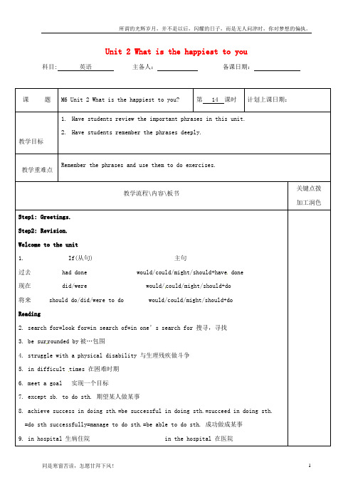 (新)江苏省沭阳县潼阳中学高中英语Unit2Whatishappinesstoyou教案14牛津译林版选修6