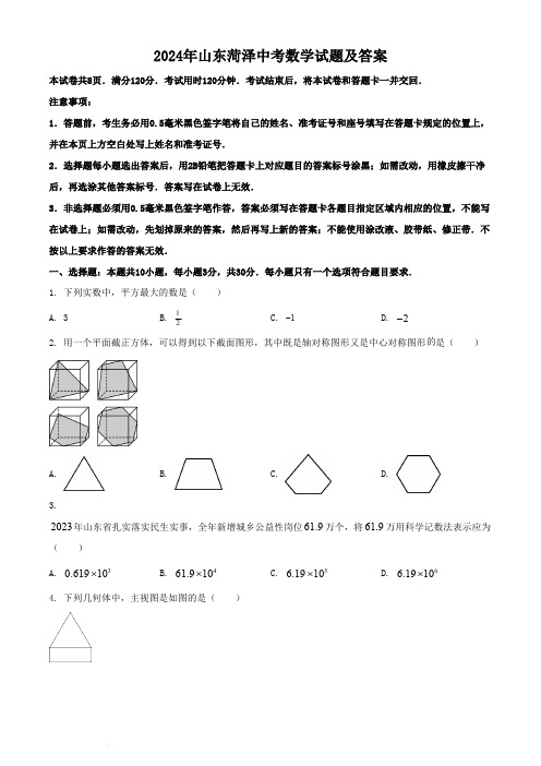 2024年山东菏泽中考数学试题及答案