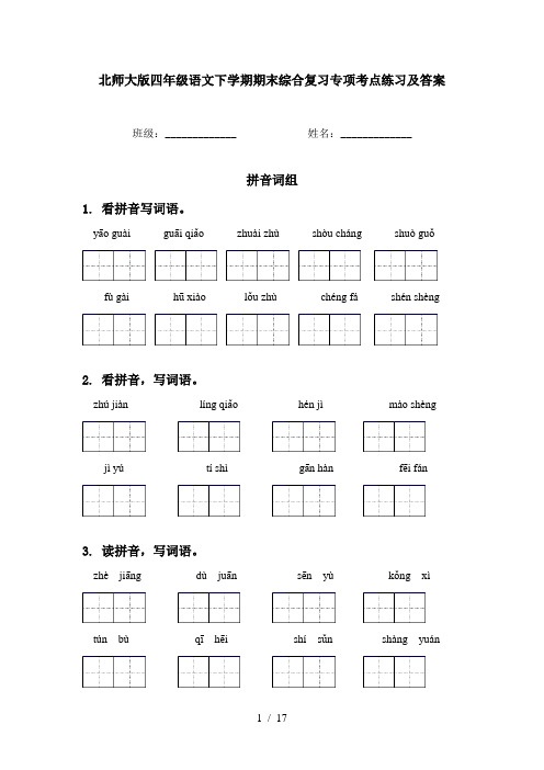 北师大版四年级语文下学期期末综合复习专项考点练习及答案