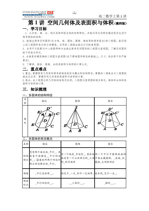 高二第1讲  空间几何体及表面积与体积(教师)